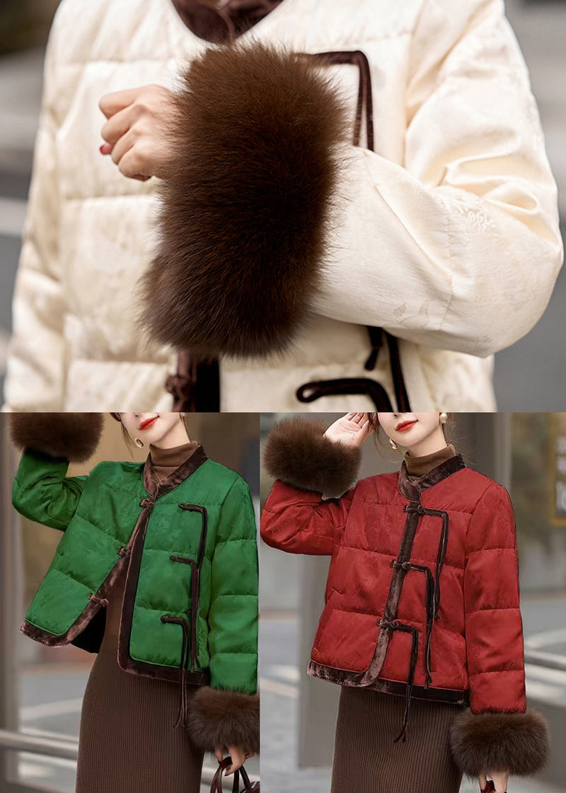 Red Mandarin Collar Patchwork Duck Down Puffer Coat Winter