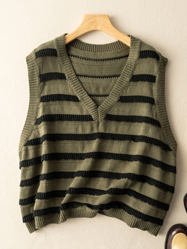 Knitted V-neck Stripes Classic Loose Vest Coat
