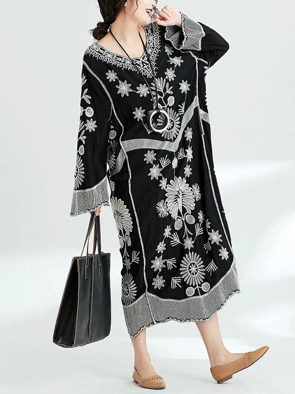 French Black Print V Neck Baggy Chiffon Robes Spring Dresses