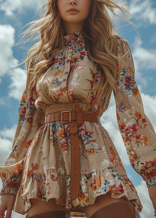 Ruffled Print Patchwork Cotton Mini Dress Long Sleeve