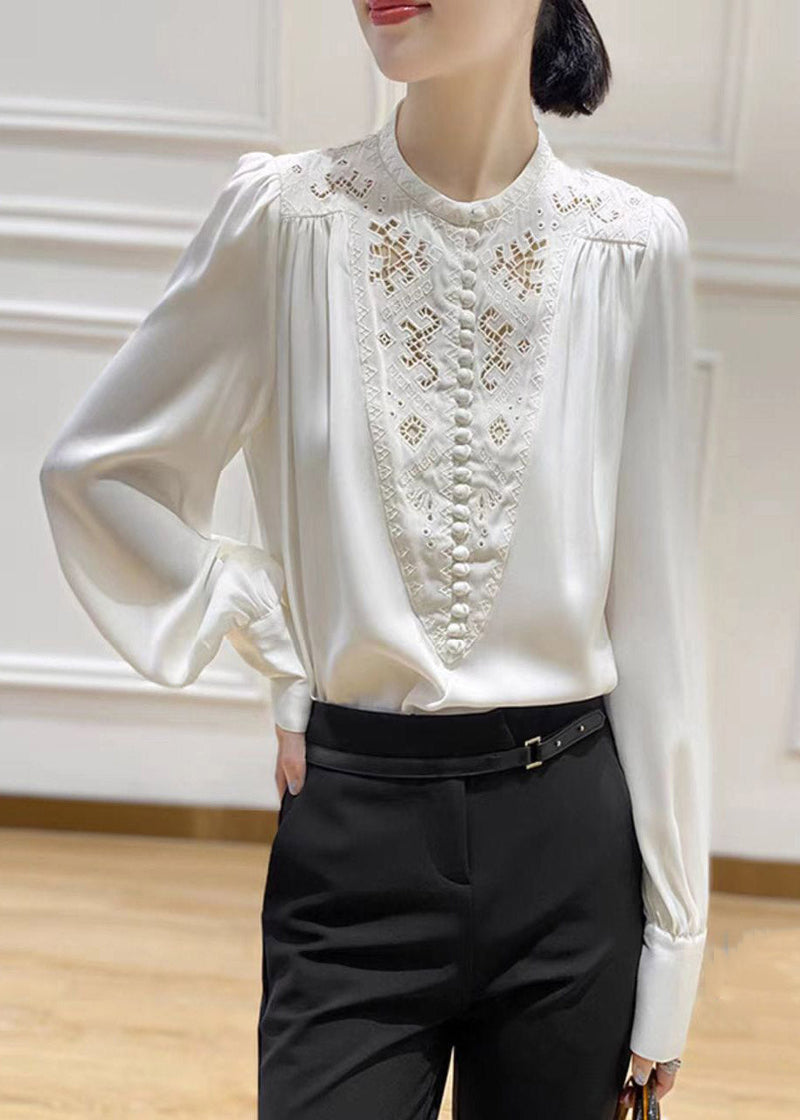 White O-neck Embroidered Silk Shirt Long Sleeve