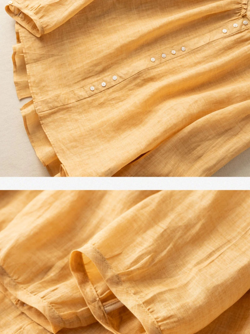 Pure Color Crew Neck Long Sleeve Linen Top