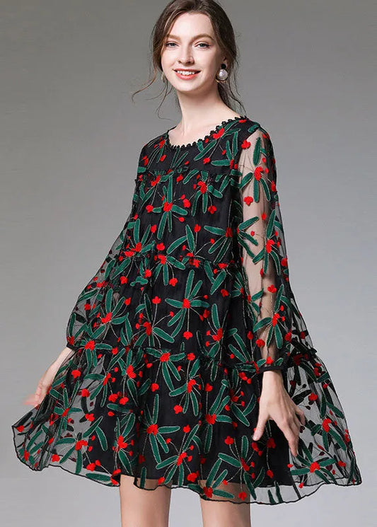 Black Embroideried Tulle Lace a Line Dress Long Sleeve