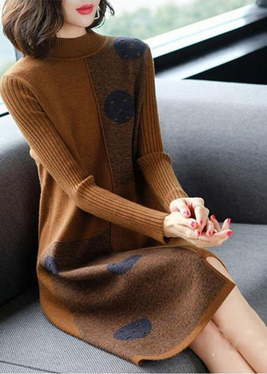 Coffee High Neck Asymmetrical Design Knit Sweater Dress Long Sleeve