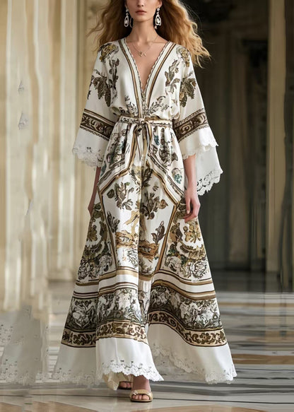 French White Tie Waist Print Exra Large Hem Party Dresses Summer