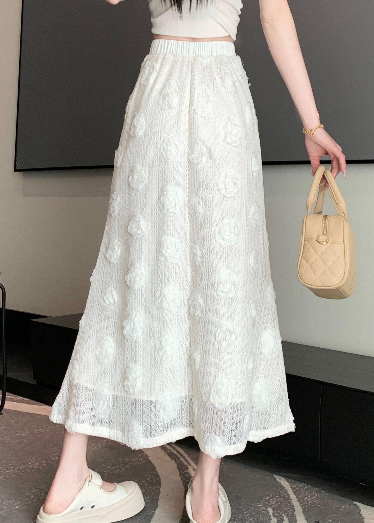 Versatile White Elastic Waist Cotton Skirt Spring