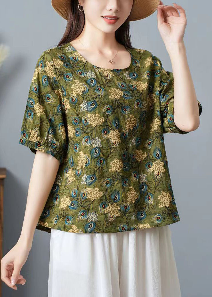 Green O Neck Print Patchwork Cotton T Shirt Top Summer