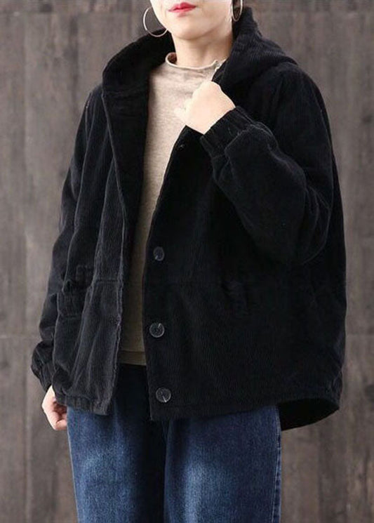 Black Warm Fine Cotton Filled Corduroy Hooded Coat Winter
