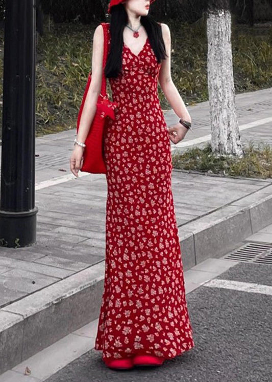 Red V Neck Print Maxi Dress Sleeveless