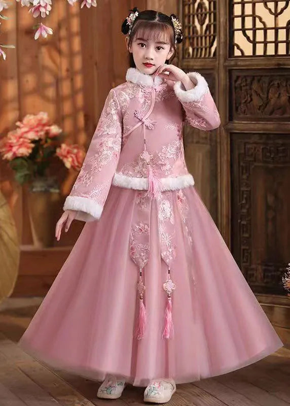 Pink Fur Collar Embroideried Coats and Tulle Maxi Skirts Two Pieces Set Winter