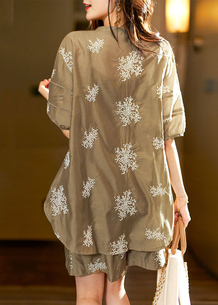 Unique Khaki V Neck Embroidered Chiffon Top and Shorts Two Pieces Set Summer