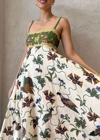 Green Print Pockets Patchwork Cotton Spaghetti Strap Dress Sleeveless
