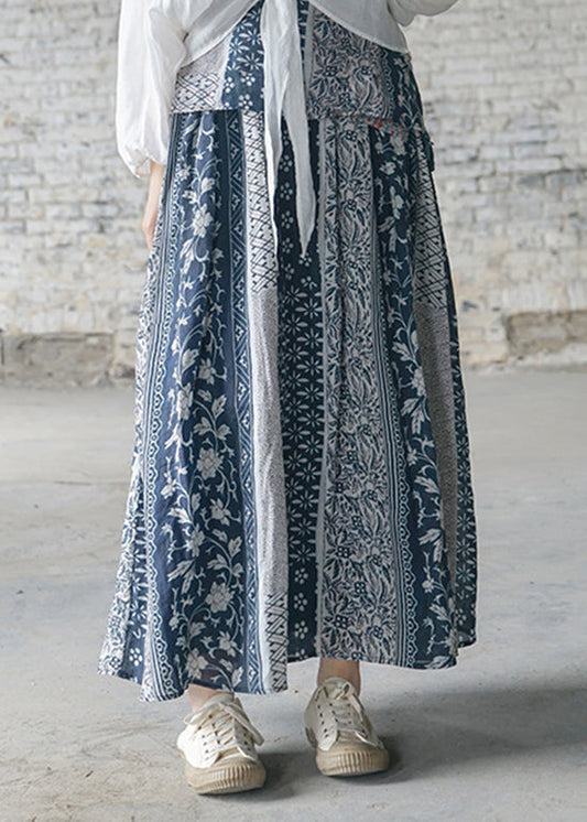 Brief Colorblock Elastic Waist Pocket Print Linen Skirts Spring