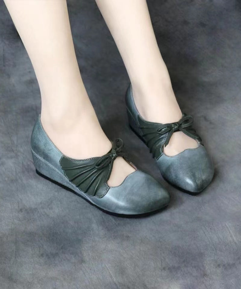 Brown Comfortable Cowhide Leather High Wedge Heels Shoes