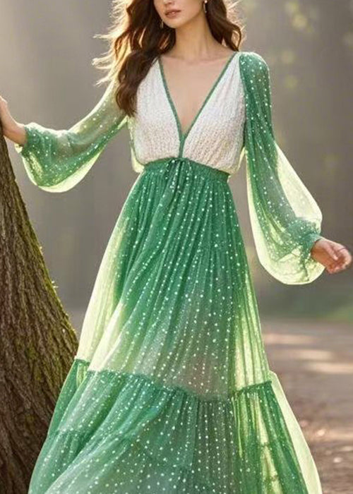 Gradient Color V Neck Wrinkled Chiffon Dress Spring