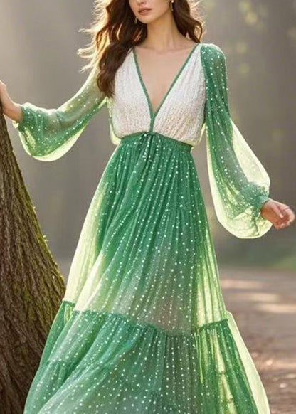 Gradient Color V Neck Wrinkled Chiffon Dress Spring