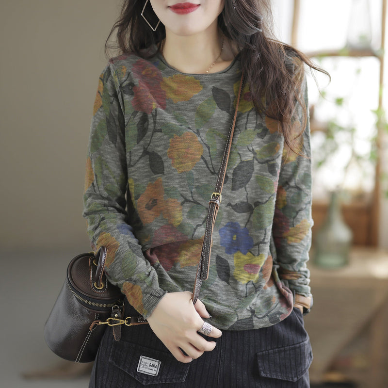 Autumn Retro Print Cotton Knitted Loose Sweater