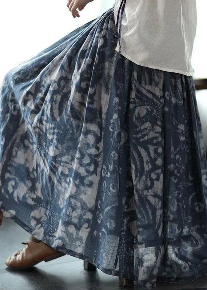 Purple Print Ramie Elastic Waist Skirt