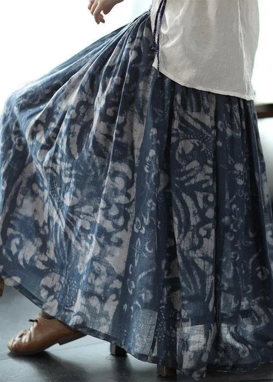 Navy Print Ramie Elastic Waist Skirt