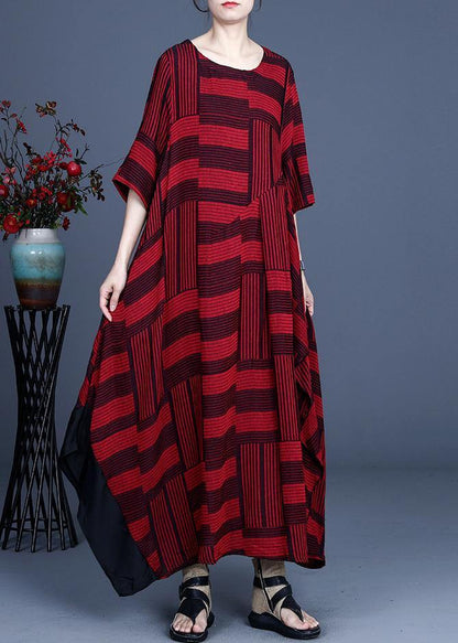 Comfy Red Striped Asymmetrical Design Maxi Summer Cotton Linen Dress