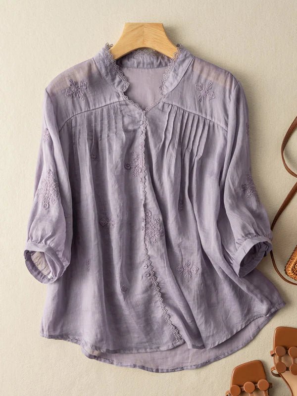 Embroidered V Neck 3/4 Sleeve Linen Shirt Top