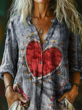 Women's Vintage Love Patchwork Art Print Casual Cotton Linen Shirt