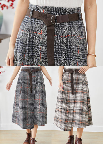 Grey Asymmetrical Plaid Woolen a Line Skirts Fall