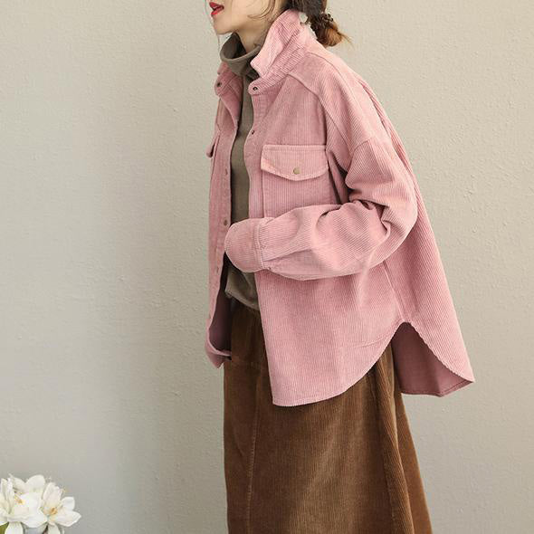 Pink and Gray Fall Loose Corduroy Short Coat for