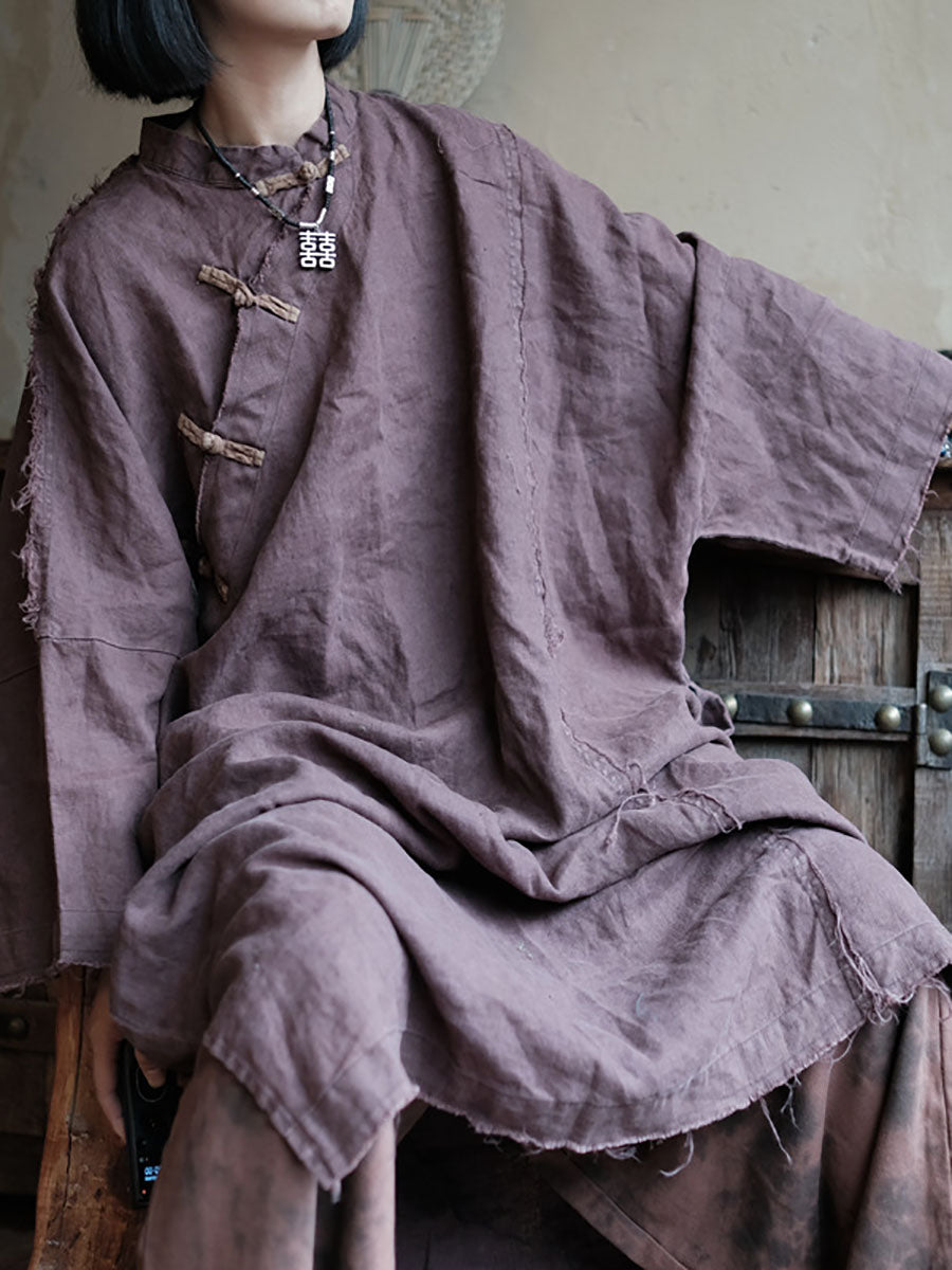Chinese Style Burrs Button Linen Dress