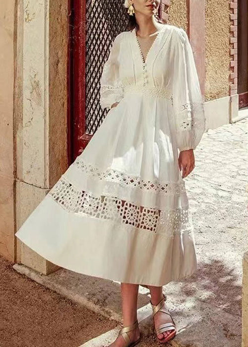 Boutique White Hollow Out Cotton Dress Lantern Sleeve