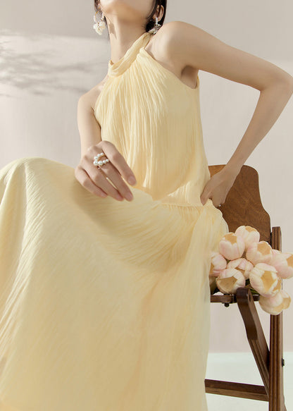 Yellow Halter Cold Shoulder Patchwork Holiday Maxi Dresses Summer