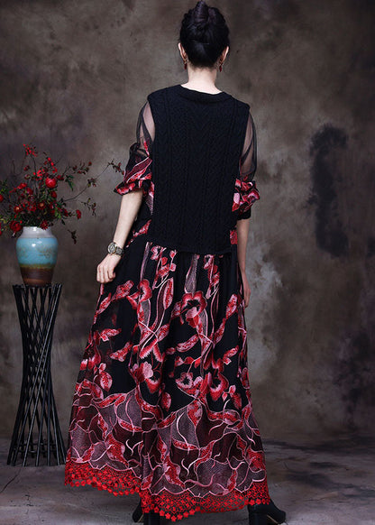 Red Lace Knit Dresses Embroideried