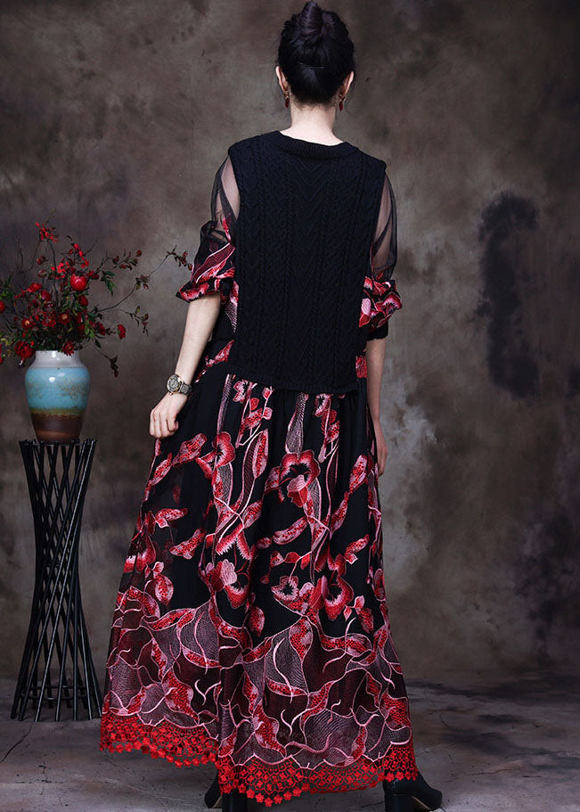 Red Lace Knit Dresses Embroideried