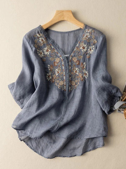 Embroidered V Neck 3/4 Sleeve Linen Top