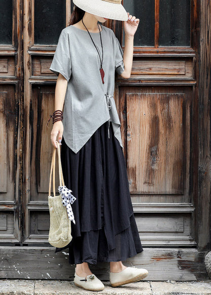 Black Asymmetrical Design Layered Cotton a Line Skirts Summer