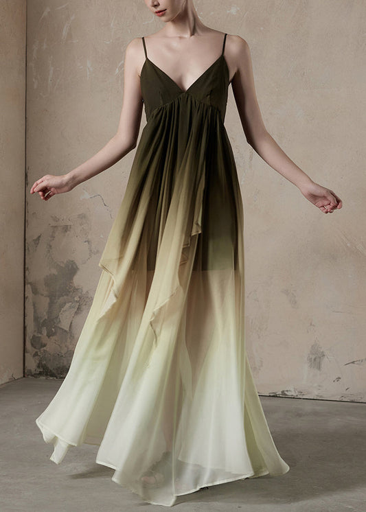 Gradient Color V Neck Wrinkled Chiffon Long Dress Sleeveless