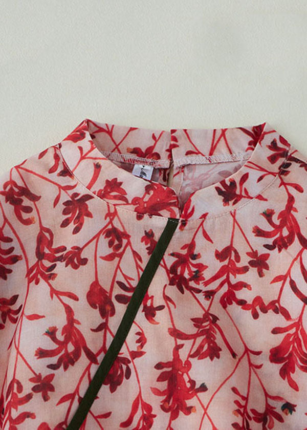 Diy Red Stand Collar Print Button Cotton Blend Holiday Cinch Dress Half Sleeve