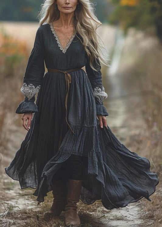 Black V Neck Lace Patchwork Cotton Dresses Spring