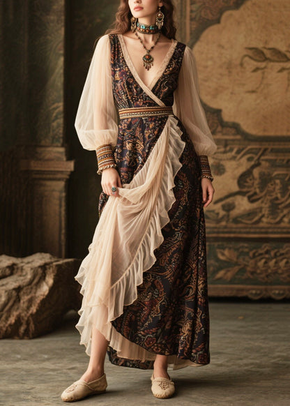 Black V Neck Patchwork Tulle Chiffon Maxi Dresses Lantern Sleeve