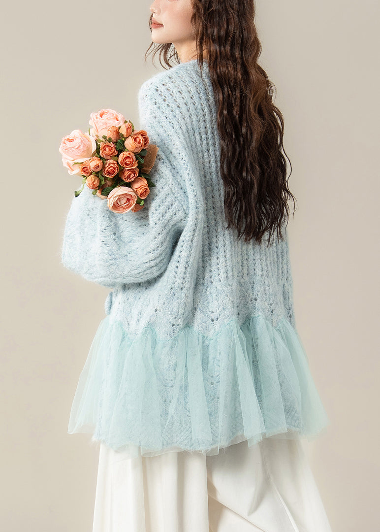 Light Blue Hollow Out Butterfly Tulle Patchwork Knit Sweater Spring