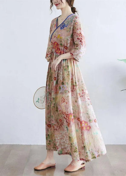 Simple Print V Neck Summer Tie Waist Long Dresses Half Sleeve