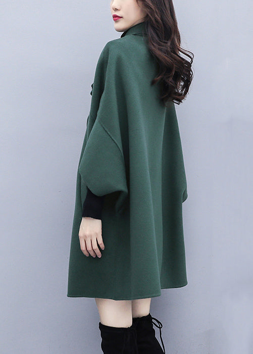 Green Button Pockets Patchwork Woolen Coat Fall