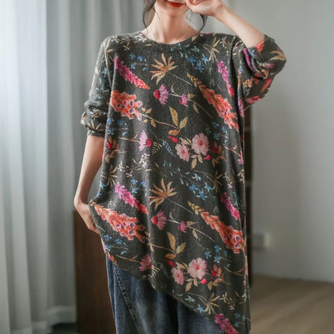 Retro Literary Print Mid-length Irregular Sweater