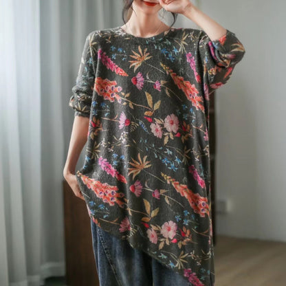 Retro Literary Print Mid-length Irregular Sweater
