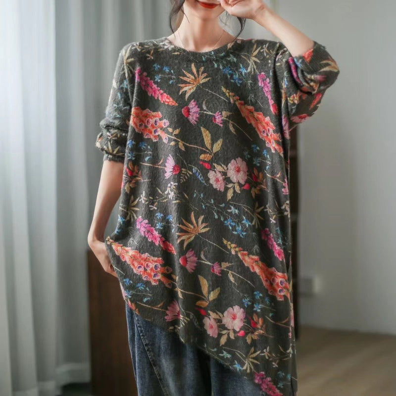 Retro Literary Print Mid-length Irregular Sweater