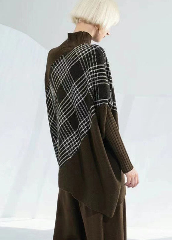 Coffee Green Warm Plaid Knitted Tops Asymmetrical Design Batwing Sleeve