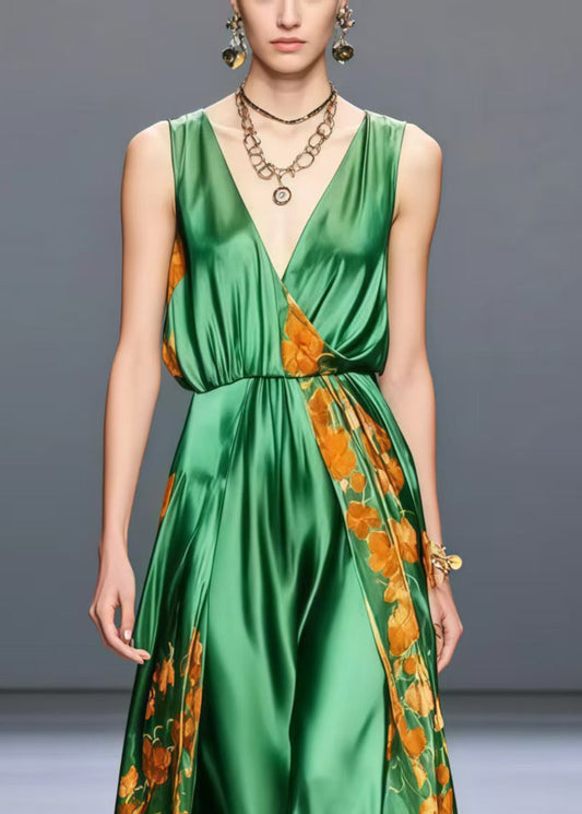 Peacock Green V Neck Print Silk Holiday Dress Sleeveless