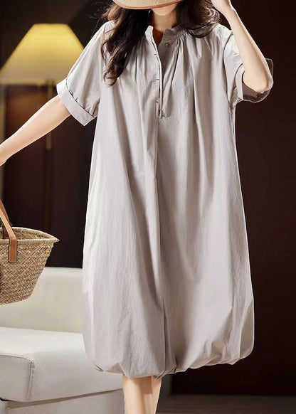 Light Grey Stand Collar Button Cotton Long Dress Summer