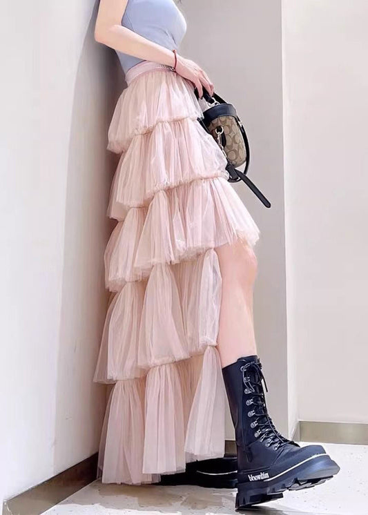 Pink Low High Design High Waist Tulle Skirts Spring