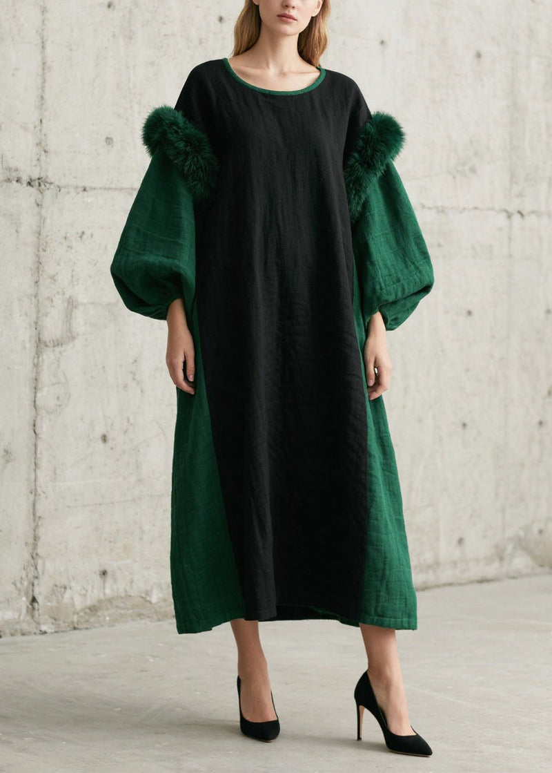 Simple Green Oversized Patchwork Faux Fur Dresses Lantern Sleeve